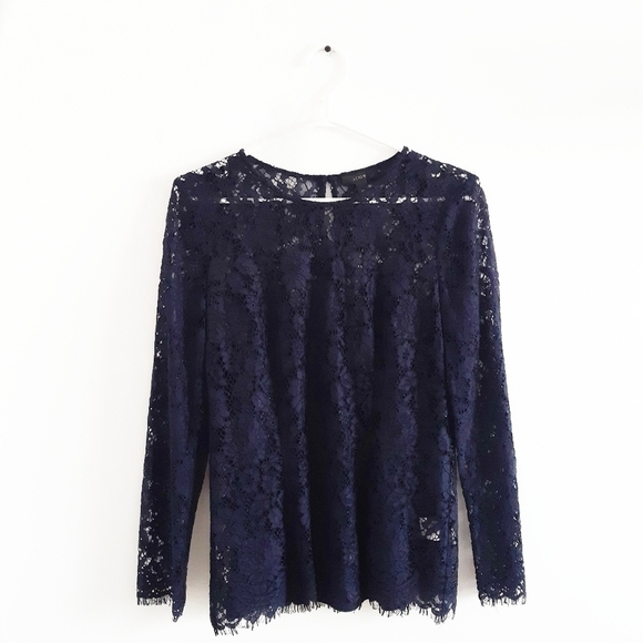 𝅺J.CREW Lace Tall Blouse with Built-in Cami Tank Navy Blue Size 2T - Picture 3 of 9